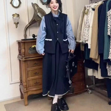 日系软妹森系简约马甲女学生秋复古半身裙休闲衬衫套装纯色印染