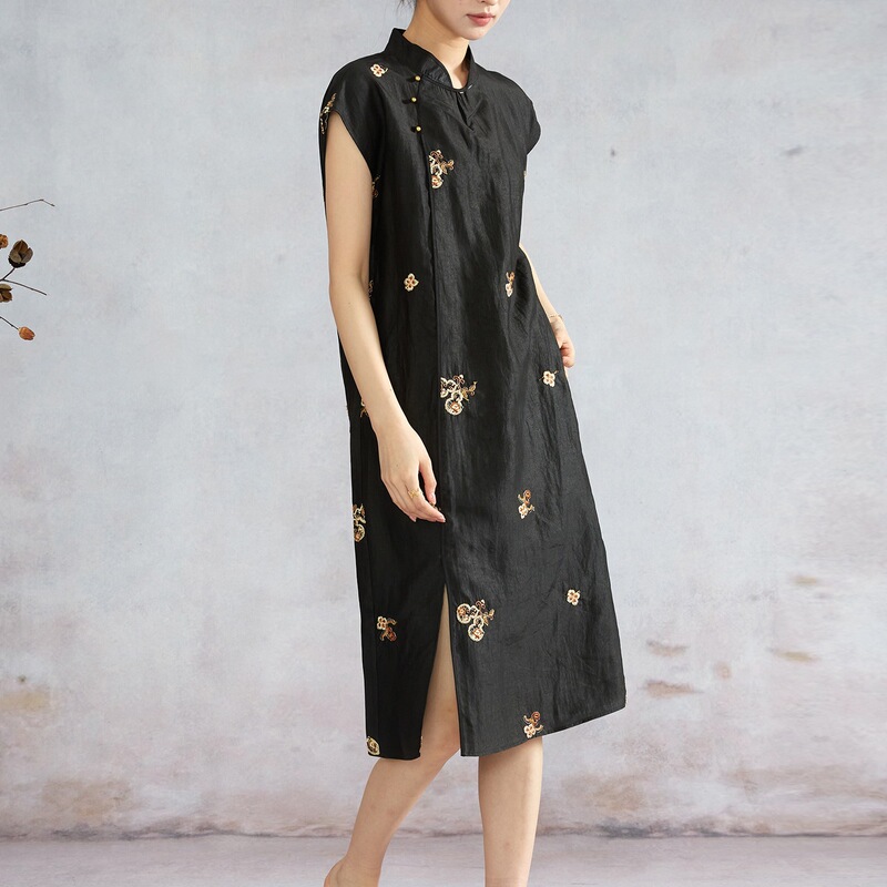 Embroidered Xiangyun Silk Turtle Pattern 100% Mulberry Silk Off-Shoulder Improved Cheongsam Dress Short-Sleeve Dress New Style