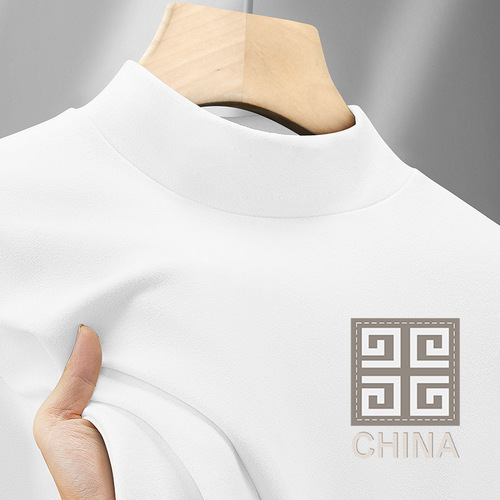 Men's Semi-High Collar Base Shirt with Fleece and Thick Warm Innerwear, Mid Collar Long-Sleeve T-Shirt for Autumn and Winter