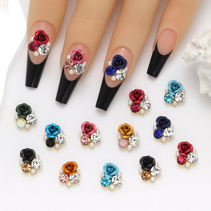 Cross-Border New Rose Flower Pile Diamond Nail Art Jewelry Inlaid with Pearls, Rhinestones and Crystal Design Nail Diamond Accessories Wholesale