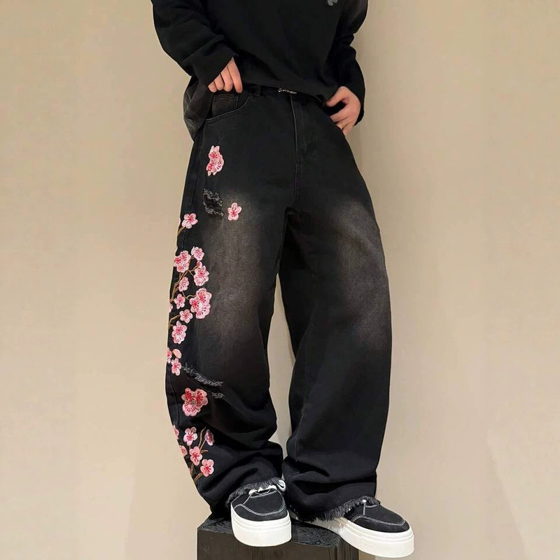 European and American cross-border street gothic style cherry blossom embroidered jeans 2k unisex retro fashion straight-leg pants