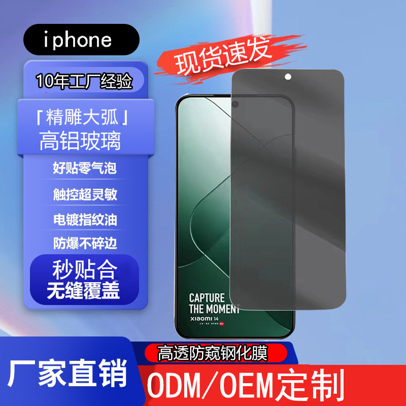 适用苹果15钢化膜13plus防窥高透12Pro防静电大弧13mini隐私贴膜