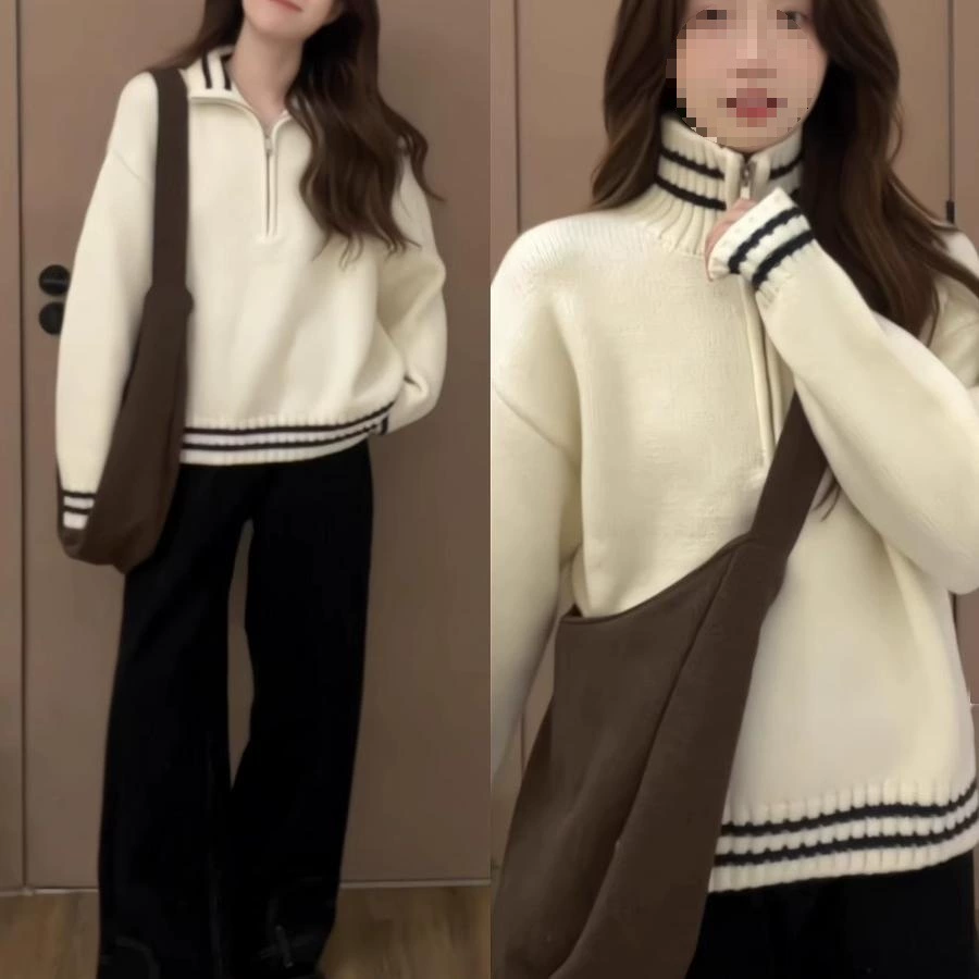 Spring white knitted sweater with zipper, American style, with a zipper