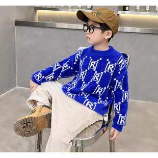 Autumn and Winter Children's casual thick soft knitted pullover in stock Children's Korean-style round neck pullover plaid sweater