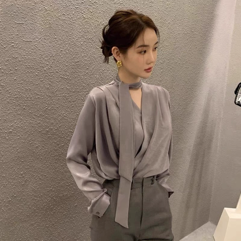 Высокоуровневая ацетатная атласная рубашка для женщин весной и осенью