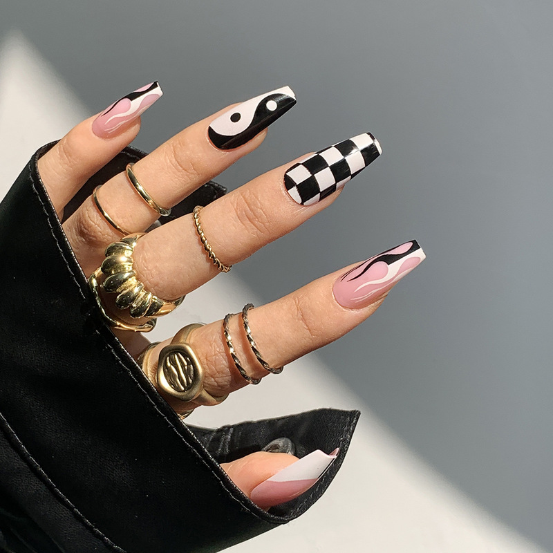 [Tai Chi White Bagua] Ultra-Thin Wearable Nails Long Checkerboard Nail Art Wearable Fake Nails