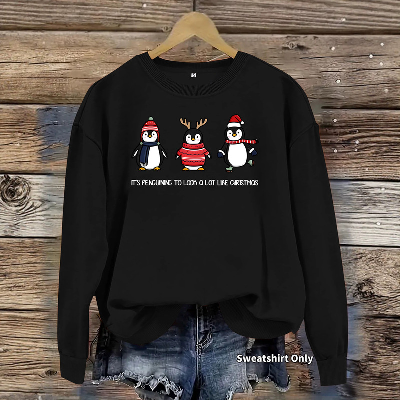 Amazon cross-border foreign trade casual long-sleeve crew neck sweatshirt with Christmas penguin print, loose fit, women's fleece-lined hoodie
