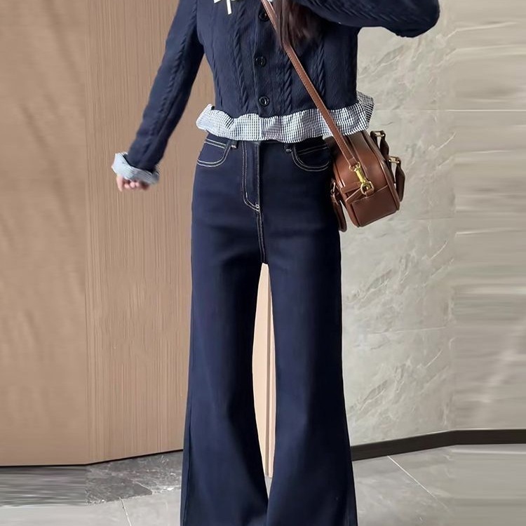 丹宁蓝阔腿牛仔裤女秋冬2025新款小个子高腰宽松显瘦加绒直筒裤子|undefined