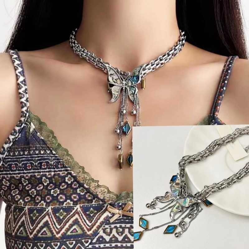 Sweet Cool Fashion Heavy Craft Mother-of-Pearl Butterfly Tassel Necklace Minimalist Style Niche Design Sense Choker_voghion.com