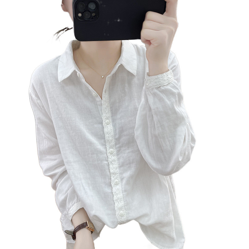 蕾丝拼接棉长袖衬衫女2025春季宽松减龄上衣复古打底衫衬衣|undefined