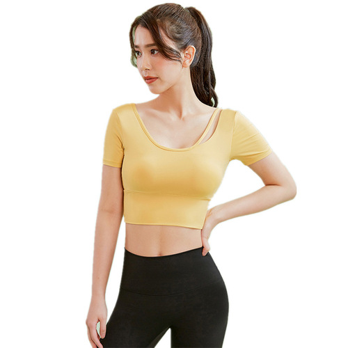 Women's Short-Sleeve Quick-Dry Breathable Yoga Top with Bra Cup, Fitted Running Training Hoodie T-Shirt for Summer