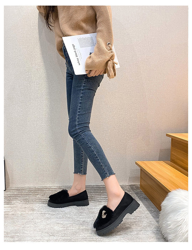 Giày bông nữ lót lông dày, kiểu xỏ chân đế dày chống trơn trượt, gót 3–5 cm — Màu xám, Màu đen chi tiết 18