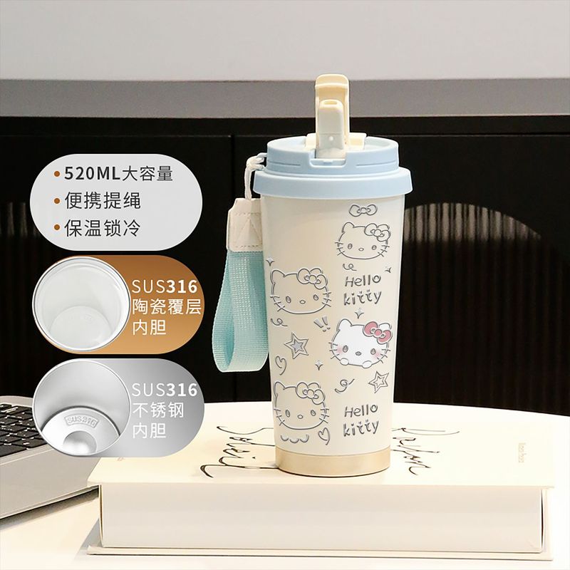 新款童趣咖啡杯316不锈钢保温杯卡通带吸管杯子双饮高颜值喝水杯|undefined