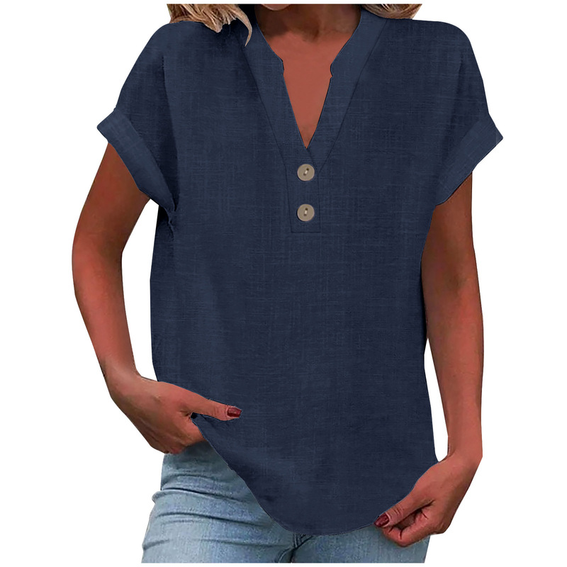 2025 cross-border Europe and the United States spring new women's solid color V-neck button cotton and linen short sleeve explosion top shirt women 2025 cross-border Europe and the United States spring new women's solid color V-neck button cotton and linen short sleeve explosion top shirt women