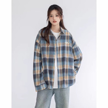 大码胖mm美式复古撞色格子衬衫女春夏衬衣外套韩系慵懒风长袖上