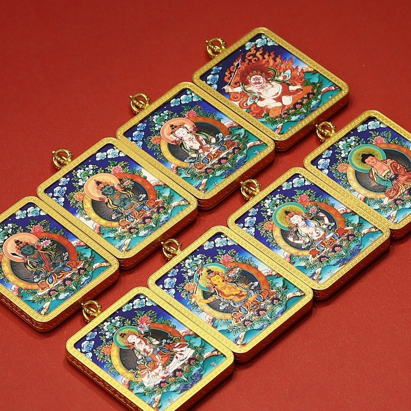 西藏唐卡手绘描金唐卡彩绘八大守护吊坠合金盒随身厂家批发吊坠|undefined