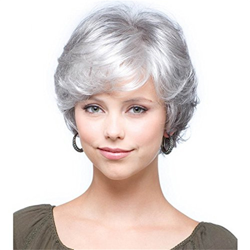 Amazon foreign trade wig female middle-aged and elderly grandma gray fluffy short curly hair simulation full headgear support a generation of hair