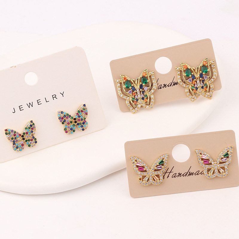 Retro Butterfly Copper Ear Studs Inlay Zircon Copper Earrings