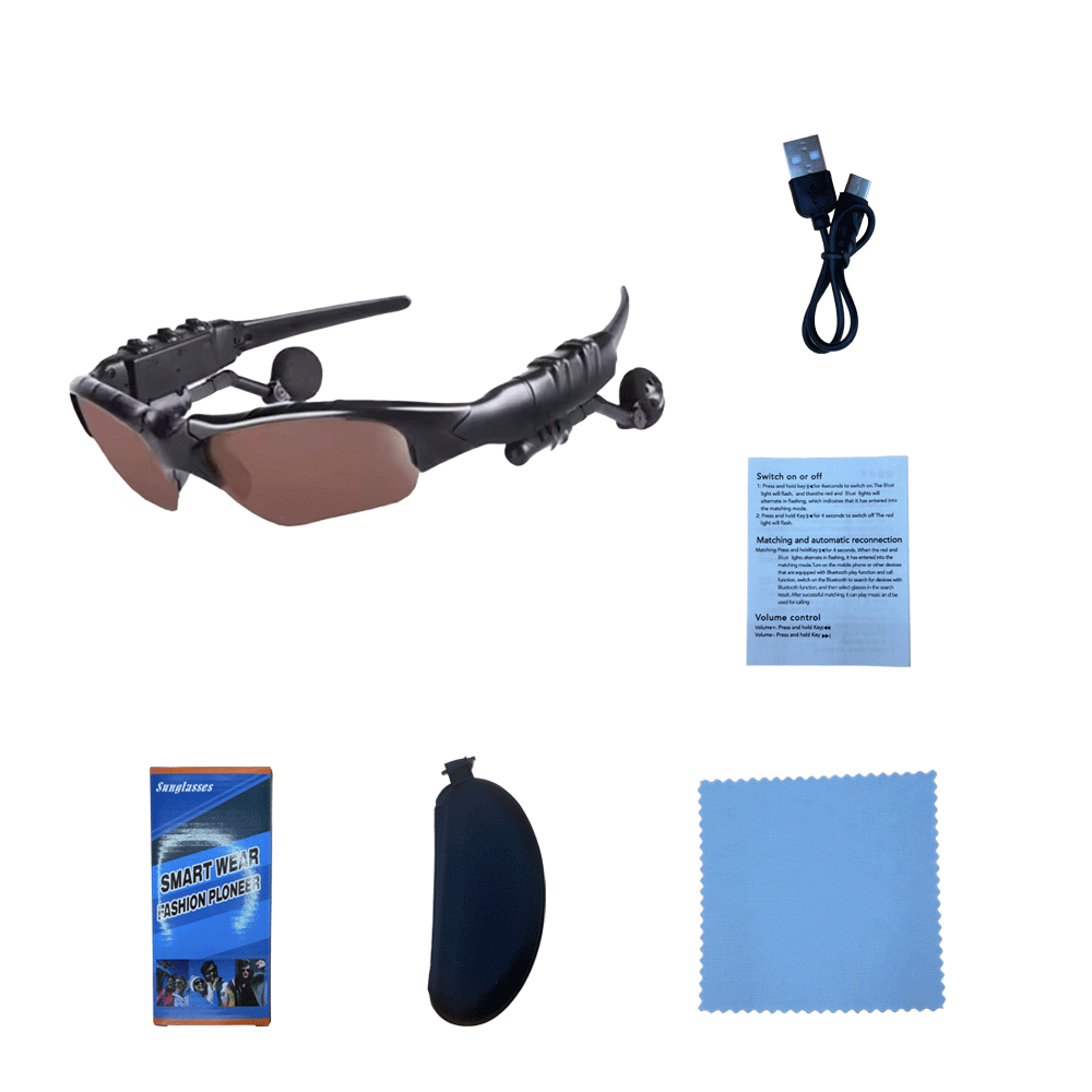 Juego completo de lentes marrones con montura negra (incluye caja de color, funda de cuero, paño para gafas, manual y cordón).