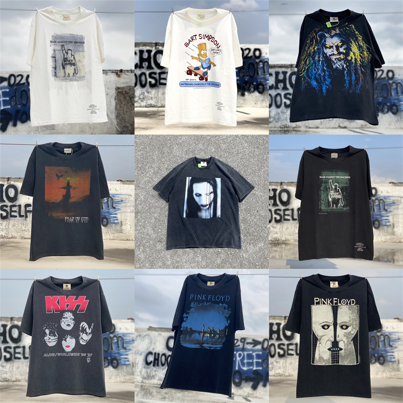 European and American Trendy V Correct Version Heavy Washed Old White Ink Direct Printing Vtg High Street Loose Men's and Women's Short Sleeves