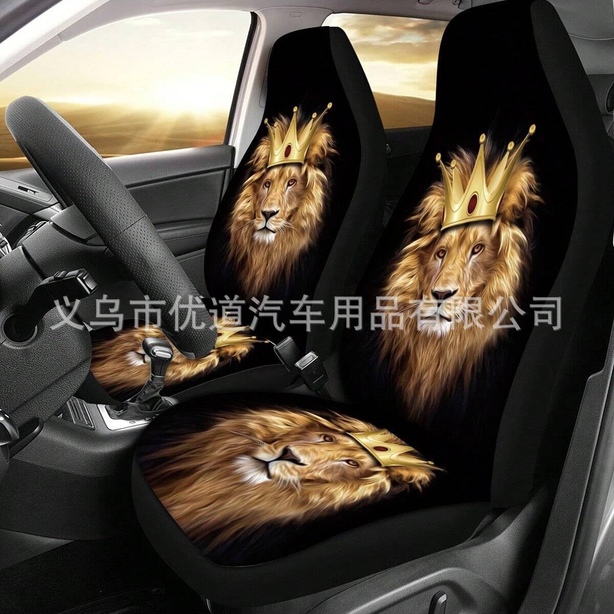 Funda de cojín delantera y trasera de coche ligero de venta caliente de temu transfronterizo, funda de asiento universal de coche con estampado de cabeza de león dominante image 2