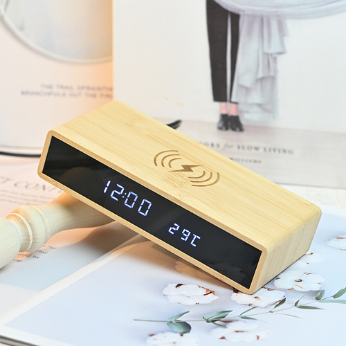 Bamboo Wireless Charging Clock Creative Electronic LED Mirror Clock Wooden Wireless Charging Snooze Alarm Clock Solid Wood Bamboo Clock