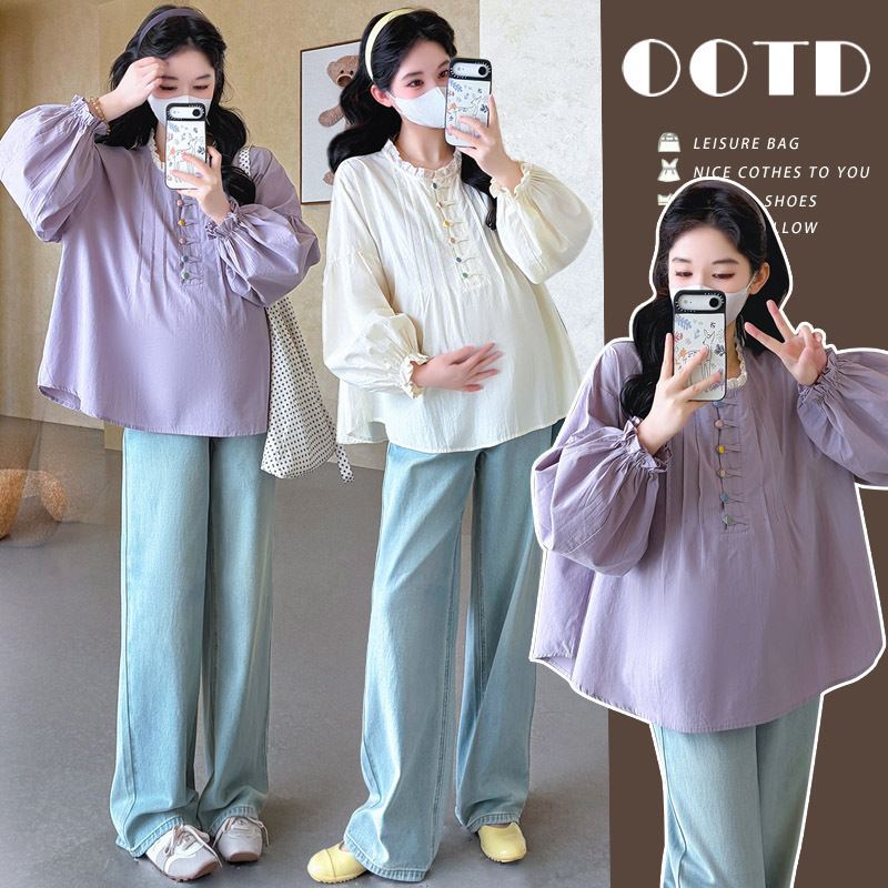 2026 New Spring Maternity Clothing Lace Splicing Long-Sleeved Shirt with Colorful Buttons Loose Large Size Top Shirt 2026 New Spring Maternity Clothing Lace Splicing Long-Sleeved Shirt with Colorful Buttons Loose Large Size Top Shirt