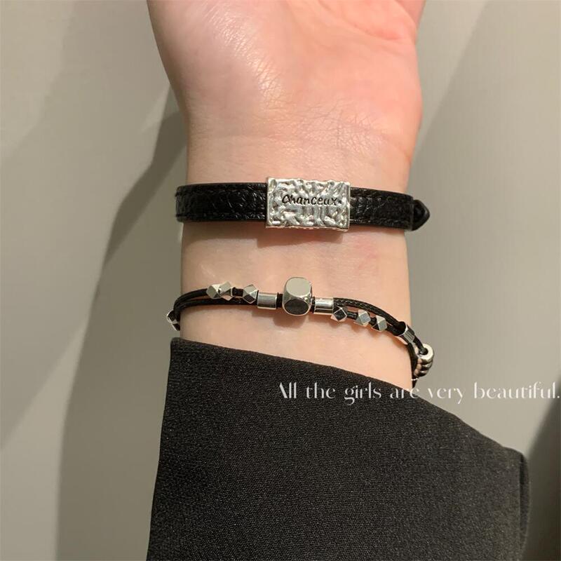 Cool style black leather bracelet wrist strap bracelet for Women New light luxury high-grade sense niche exquisite beaded bracelet for men