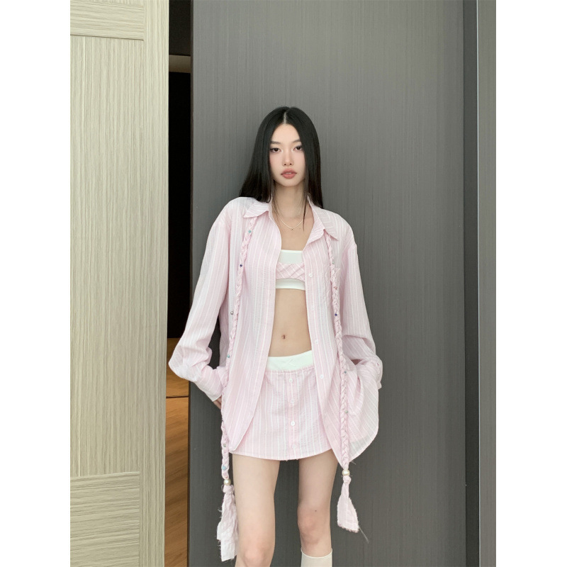 Real Shot of In-Stock Shirts: Fake Two-Piece Vest + Fake Two-Piece Shirt Skirt + Woven Rope Striped Shirt