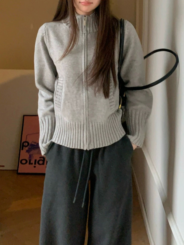 韩版时尚立领长袖毛衣外套女2025秋冬新款宽松百搭慵懒风针织开衫|undefined