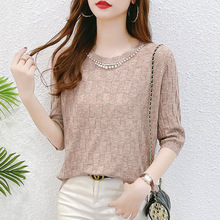 春夏新款上衣女装2023宽松中袖针织衫薄款黑色七分袖钉珠打底衫潮