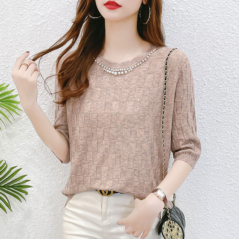 春夏新款上衣女装2023宽松中袖针织衫薄款黑色七分袖钉珠打底衫潮