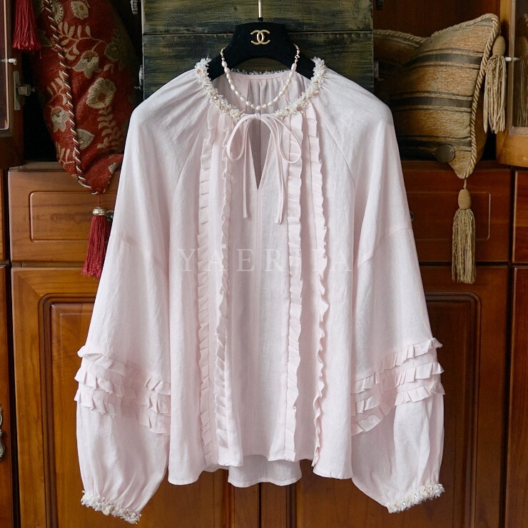 Midsummer Night's Dream French Fairy Holiday Travel Fungus Lace Beaded Lace Lantern Sleeve Linen Shirt Top