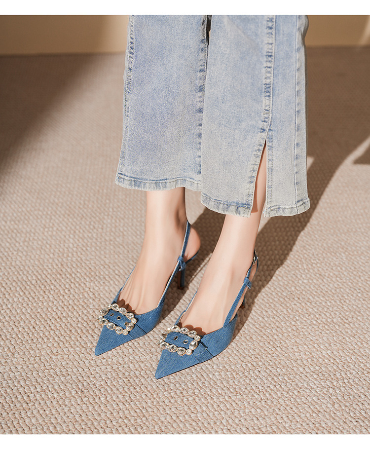 7755-5 Denim Blue Style Belt Buckle Closed Sandals Front Open Back Thin Heel High Heels Commuting_voghion.com