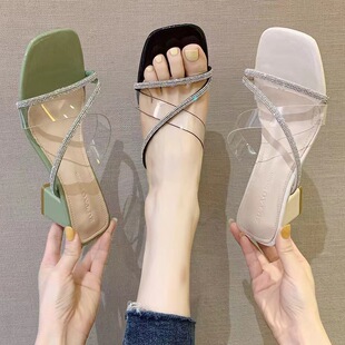 Summer New Women's Thick Heel Slippers Korean Style Simple Fashionable Transparent Sandals and Slippers Outer Wear Square Head Half Slippers