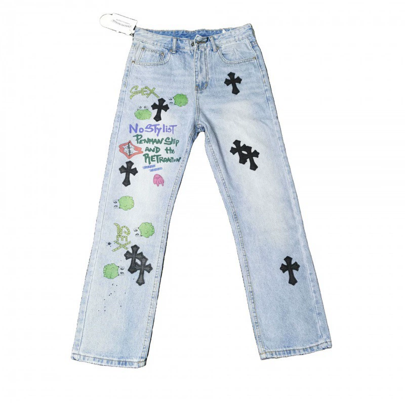 2024 новый Krouo свободные джинсы с принтом крест повседневный прямой трубочки свободные белые стирки брюки