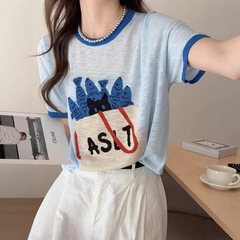 ブルーバンブーコットン漫画プリントラウンドネックアイスシルク半袖Tシャツ女性用夏薄いユニークな美しいルーズトップ