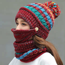 秋冬新款加绒针织帽围脖口罩三件套防风保暖加厚毛线帽女士套头帽