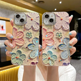 Blue Light Rhinestone Flower Apple 15Pro Mobile Phone Case Iphone16Promax All-Inclusive Lens 14/13 Female 12 Korean