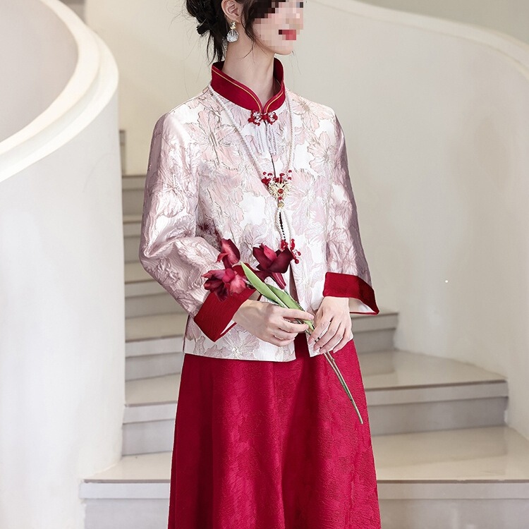 New Chinese Style Red Maternity Cheongsam Suit Toast Dress Bride Plus Size Fat mm Belly Covering Engagement Home Dress Long Sleeves