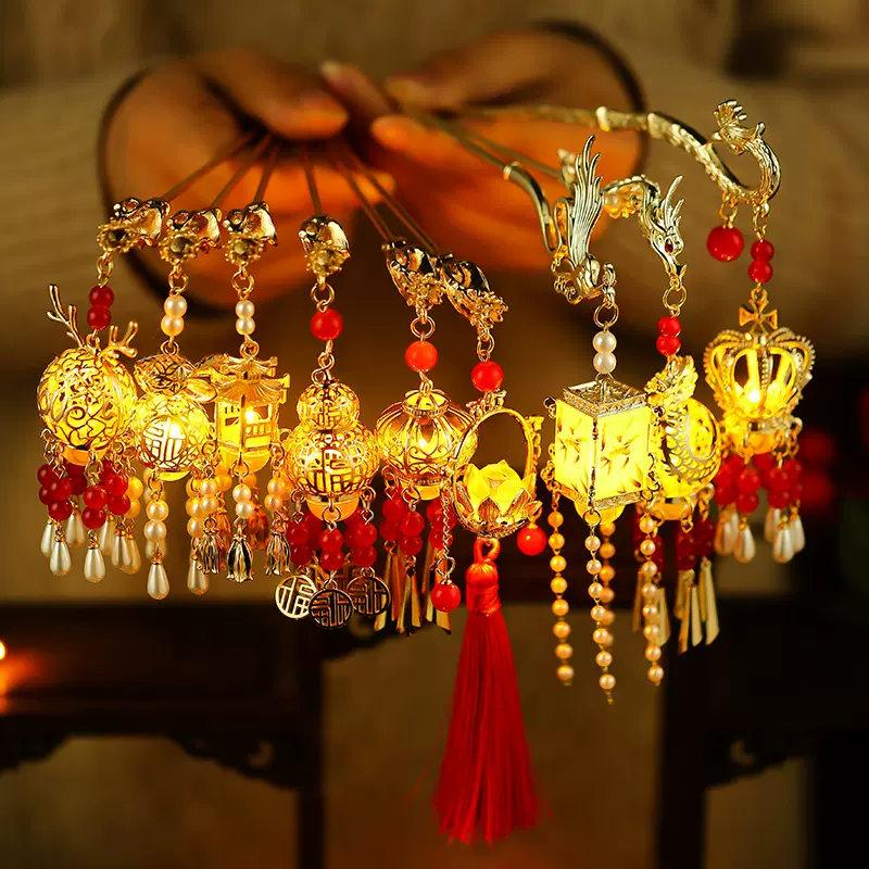 古风精致高级发光发簪凉亭盘头发小灯笼步摇流苏簪子现代宫廷配饰