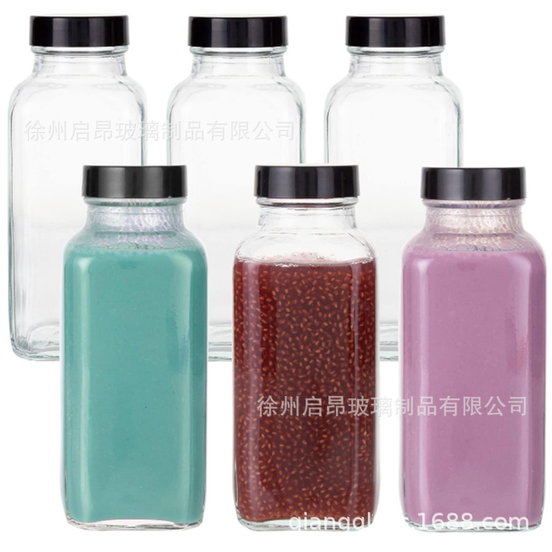 跨境现货玻璃瓶16oz便携水杯冰沙500ml果汁鲜奶水瓶方形饮料杯