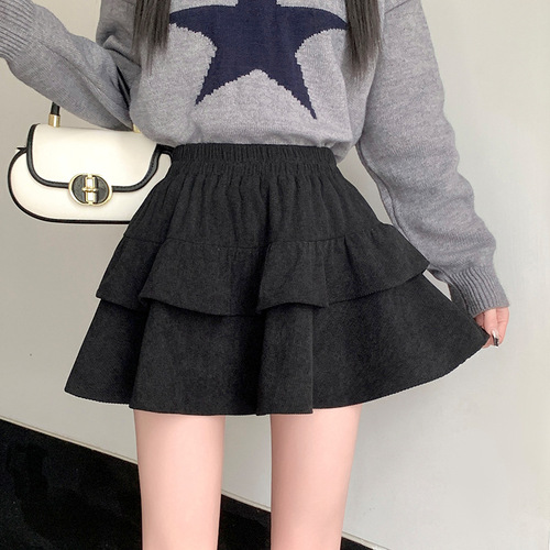 Velvet ruffle cake skirt for women autumn and winter new style hot girl Korean slimming temperament versatile puffy skirt 