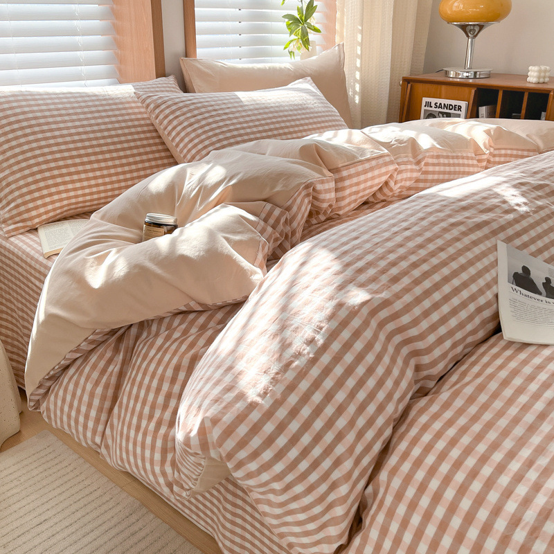 Juego de cuatro piezas de algodón lavado teñido en hilo para estudiantes 2025 nuevo juego de sábanas de edredón de dormitorio de estudiantes de tres piezas