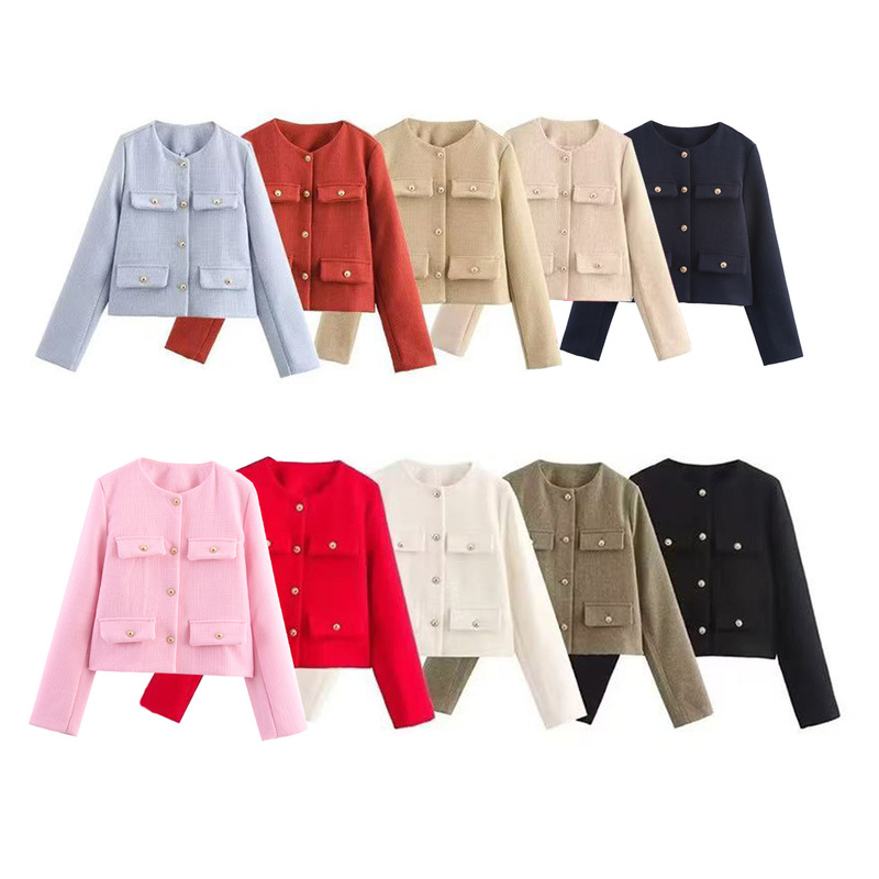 AliExpress Wholesale Autumn New Women's All-match Solid Color Round Neck Single-breasted Long Sleeve Flip Trimmed Blazer