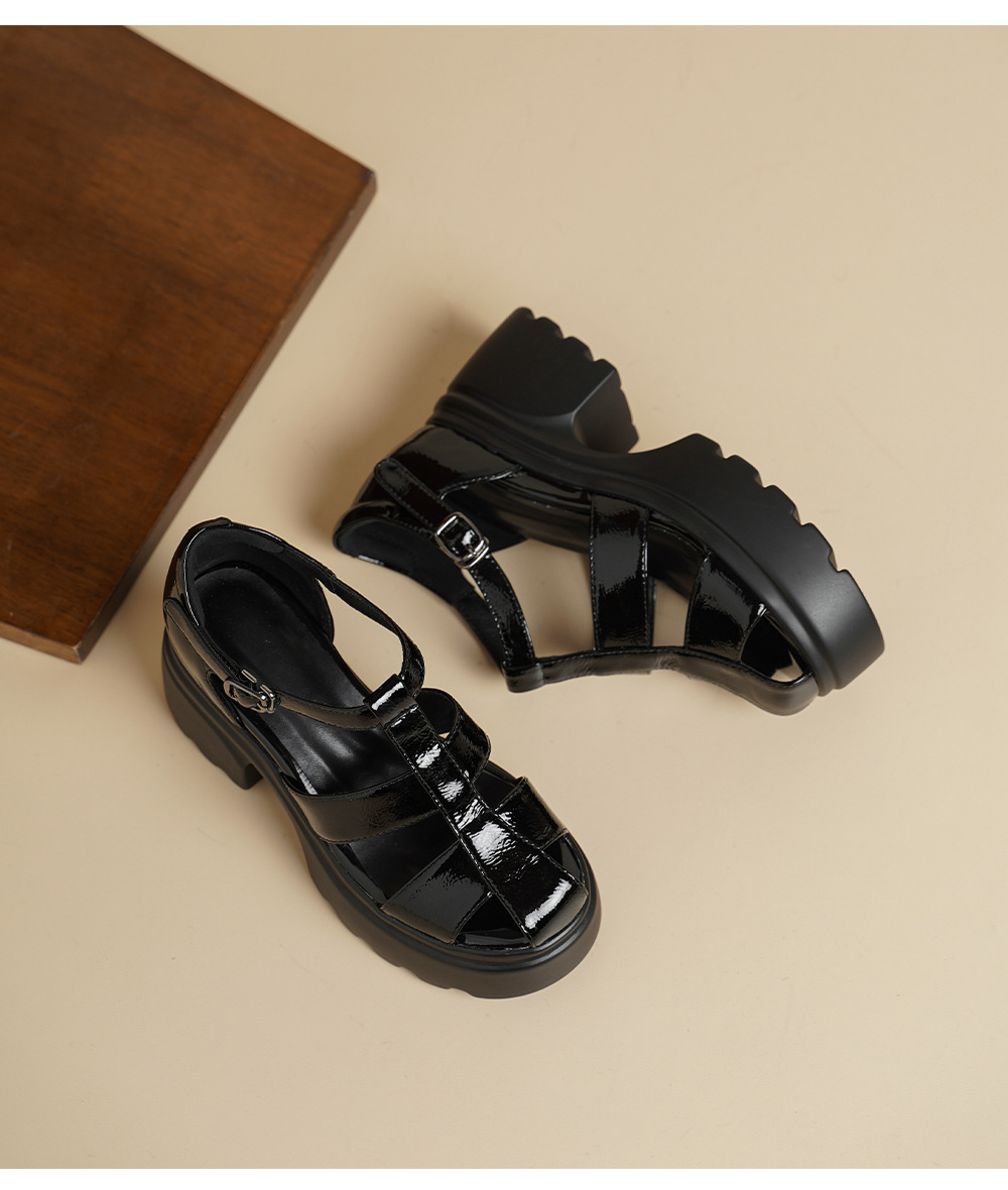 Sandal bít mũi gót cao 10cm khóa chữ T họa tiết rỗng đế dày bánh xốp — Màu đen, Màu trắng chi tiết 12