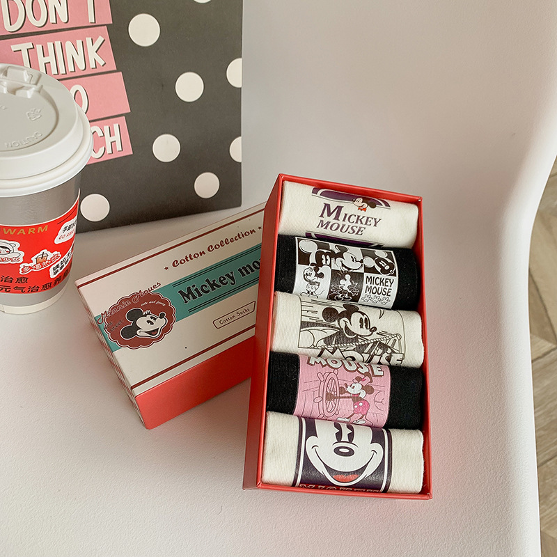 Vintage Mickey Mouse Boxed Socks Women's Japanese Style Cute Cartoon Mickey Short Socks INS Trendy Brand Anime Boat Socks