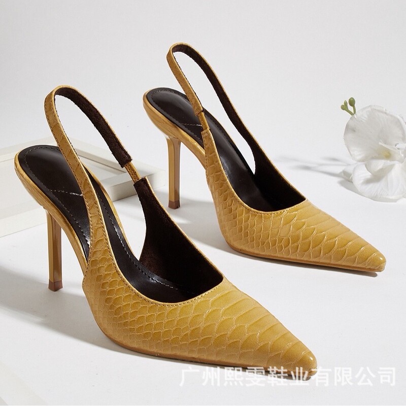 New European and American Style Snake-Patterned Yellow Elegant and Fashionable Commuting Pointed-Toe Shallow Sandals for Women with High Heels and Back Straps