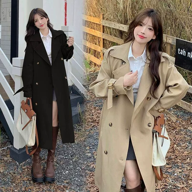 Trench coat for teens, Korean style mid‑length double‑breasted jacket, autumn, khaki and black