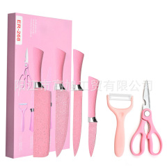 工廠批發撒點粉藍馬蹄柄六件套不鏽鋼彩色禮品盒廚房套裝刀具